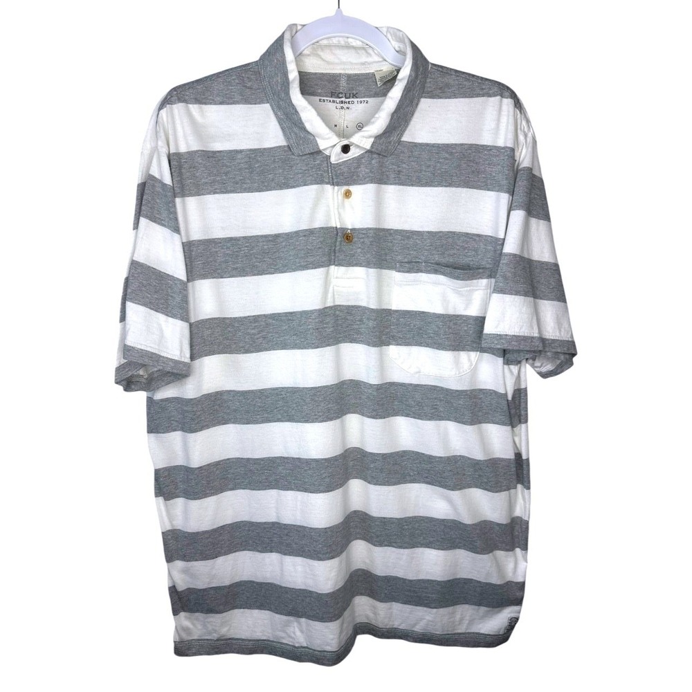 FCUK Mens Striped Polo Shirt Short Sleeve Pocket Tee Gray White L